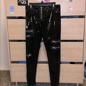 Black polyurethane pants with zippers